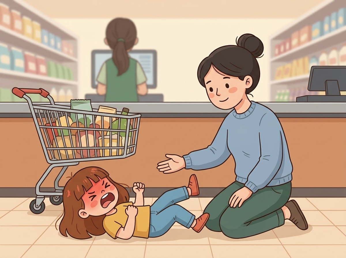 Mia hat an der Supermarktkasse einen Wutanfall, die Mutter kniet ruhig daneben